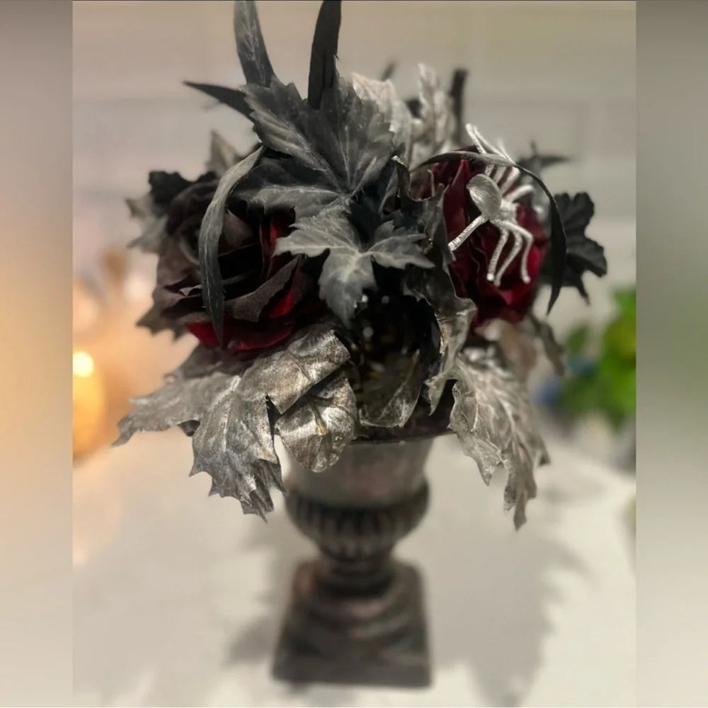 Gothic Vampire Black Red Floral Feather Rose Vase Arrangement
